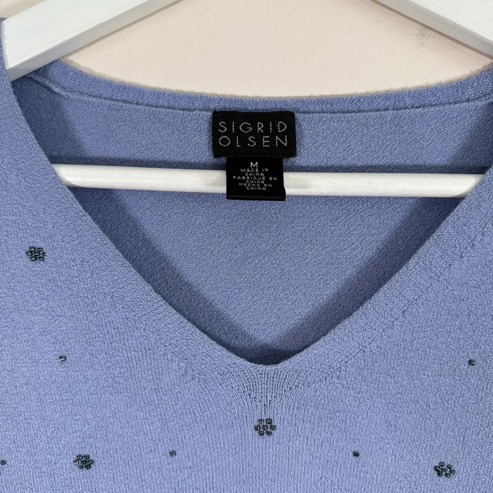 Sigrid Olsen Women’s Blue Knit Beaded Stretch Pullover V-Neck Sweater M - Picture 2 of 5